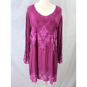Johnny Was Robin Tunic Embroidered Crochet Hem Berry Cupra Rayon M $288